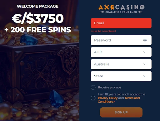The registration process at Axe Casino